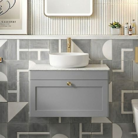 Nuie Classique Wall Hung 1-Drawer Vanity Unit with White Marble Worktop 800mm Wide - Satin Grey (1/4)