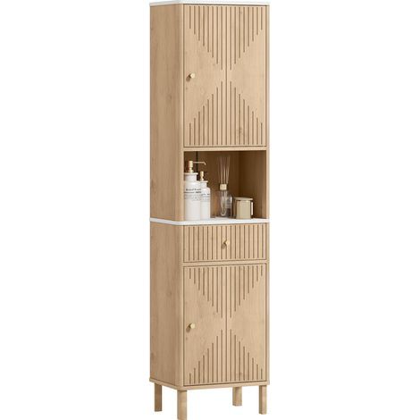 Ensemble de meubles de salle de bain – Colonne avec tiroir et 2 armoires – Étagères ajustables – Plateau marbré – Dimensions 41,5x30x168 cm – Chêne