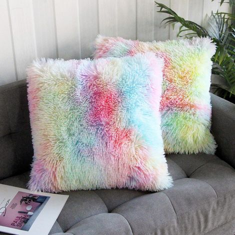 Lot de 2 coussins décoratifs colorés, housses de coussin en fausse fourrure ultra douces et moelleuses pour canapé-lit, chaise, 40 x 40 cm (1/5)