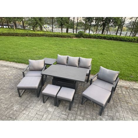 Fimous Aluminium Garden Furniture Sets 9 Seater Outdoor Sofa Set with Adjustable Rising Lifting Dining Table 2 Chairs 4 Footstools Side Table (1/5)