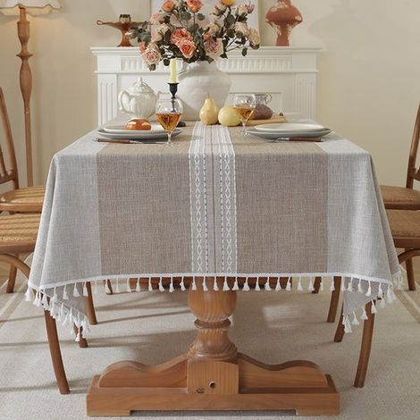 Nappe rectangulaire d'extérieur en lin, nappe en coton imperméable de style bohème champêtre avec pompons, robuste et infroissable, pour les pique-niques (1/5)