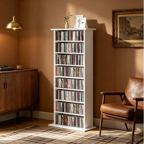 Meuble de rangement CD/DVD à 8 compartiments, 58 x 24 x 126,3 cm, blanc OKWISH (1/5)