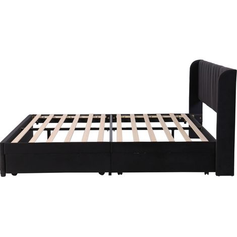 Letto capitonné 180 x 200 cm in velluto nero con rete a doghe, testiera e 2 cassetti (1/5)