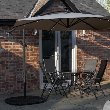 Outdoor 4 Person Round Glass Top Garden Dining Table Chairs With Grey Banana Lit Parasol and Base Set (1/5)