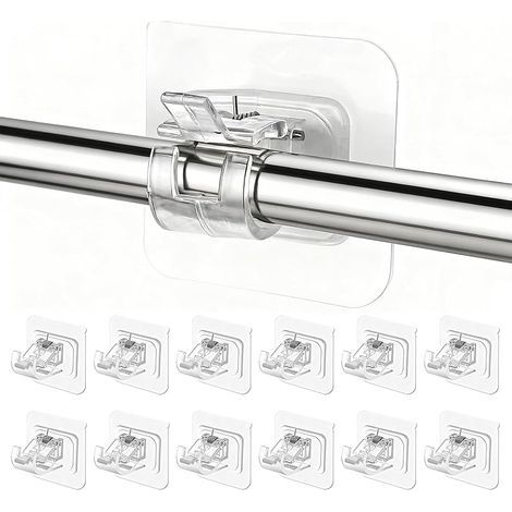 12 Pièces Support Tringle Rideaux sans Percage, Crochet Rideau Adhesifs Transparent avec Accroche Barre Porte pour Porte-Serviettes, Salle Bain, Hôtel, Cuisines (1/5)