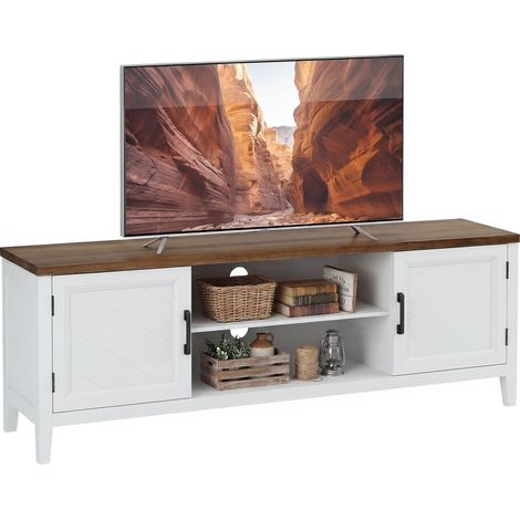 140 cm großer, weiß-brauner TV-Ständer, TV-Möbel für Fernseher bis zu 42 Zoll, Stauraum mit 2 Türen und 2 offenen Fächern, modernes Design.