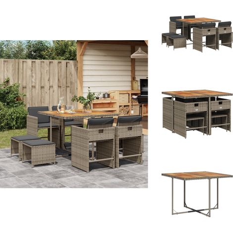9-tlg. Garten-Essgruppe mit Kissen Grau Poly Rattan - Garten Essgruppe - Garten Essgruppen - Outdoor Essgruppe - Terrasse Essgruppe (1/5)
