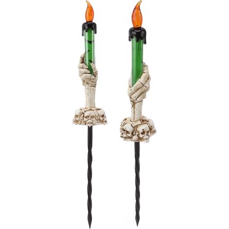 Lot de 2 bougies décoratives d'Halloween, lumière chaude, 120 mAh, en plastique, en forme de main de squelette fantôme, couleur verte. (1/5)