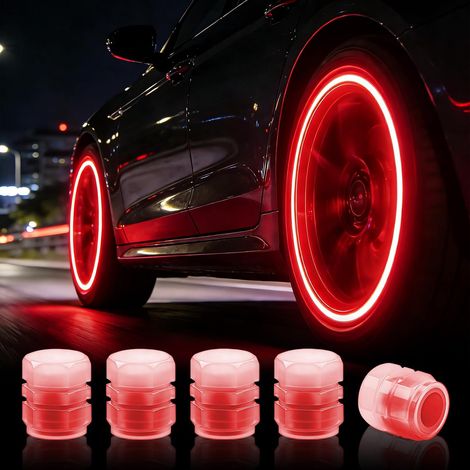 20 Pcs Luminous Car Tyre Valve Caps, Fluorescent Valve Caps, Anti-Dust Glowing Valve Covers, Fluorescent Tire Cover for Car, Bike and Motorcycles (Red) (1/5)