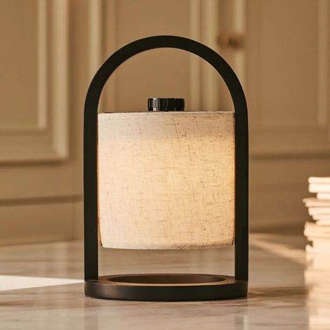 Lampe de Table Rechargeable Sans Fil LED en Bois Noir et Lin IP44 Hauteur 27 cm - PANGIVO (1/5)