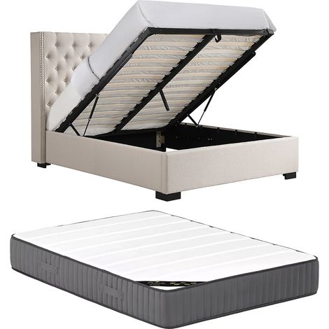 Lit coffre 160 x 200 cm avec tête de lit capitonnée - Tissu - Beige + Matelas - MASSIMO II (1/5)