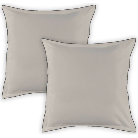 Lot de 2 taies d'oreiller unies en coton finition bourdon beige 65x65cm