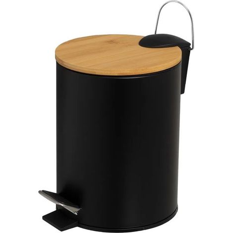 Poubelle de salle de bain en métal noir avec couvercle en bois coloris naturel - diamètre 21 x Hauteur 26 cm
