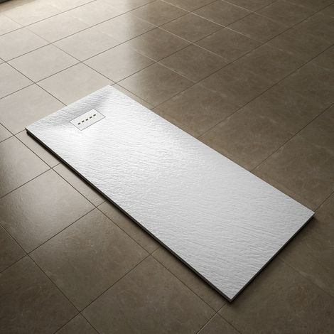 ELEGANT 1700x700mm Slip-Resistance Shower Tray White Slate Effect Square Shower Enclosure Base with Waste Trap and Drain Cover