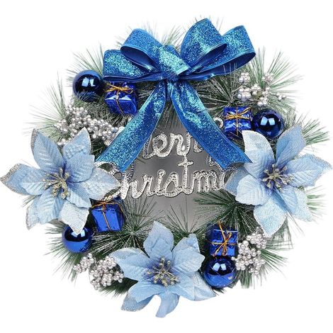 Guirlande De Noël - Couronne Artificielle Avec Nœud Et Boules - Décoration Porte Mur Extérieur Intérieur - 30 cm - Bleu (1/5)