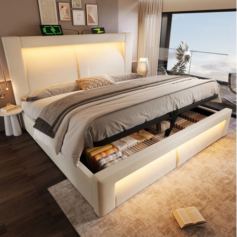 lit adulte coffre 140x200 LED velours beige OKMYHOME (1/5)