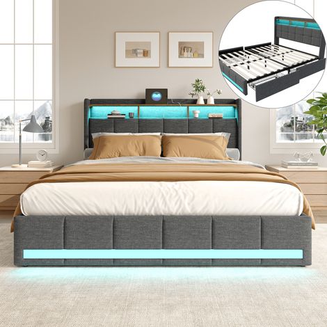 Lit 140x190 cm avec sommier LED et USB, Lit coffre 140x190 cm avec 4 tiroirs et tête de lit rangement, Cadre de lit double, tissu en lin, Gris (1/5)