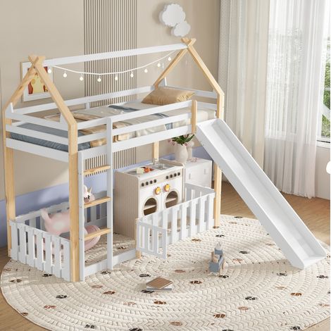 MEUBLIV Letto a castello per bambini 90x200 cm bianco e naturale con scivolo, senza materasso (1/5)