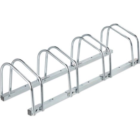 Relaxdays Floor Bike Rack, for 4 Bicycles, Wheel Width up to 60 mm, Metal, Outdoor Parking Stand, Garage, Silver