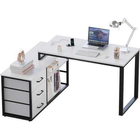 Bureau d'ordinateur 140 x 105 cm, Modèle en L Réversible, 3 Grands Tiroirs, Multiprise Intégrée et Panneau Perforé Réglable, Plateau Gris avec Pieds Noirs (1/5)