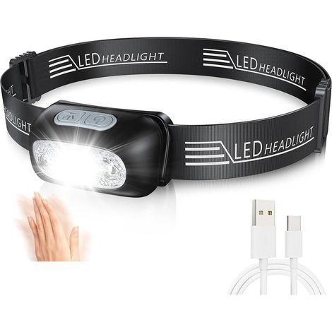 Lampe Frontale LED Puissante avec Capteur Mouvement. IPX6 Étanche. 4 Modes d'Eclairage. Rechargeable USB Frontale Professionnel. Lampe Frontale Accessoire pour Pêche. Camping. Course. Cyclisme (1/5)