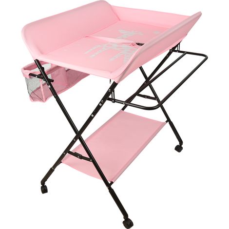 Fasciatoio con Vaschetta per Bagnetto Neonato 2in1,Pieghevole e Compatto, con Materassino Imbottito Incluso,Haloyo®,4 Ruote,80 x 66 x 98cm,rosa (1/5)