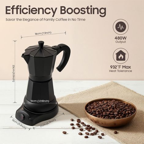 300 Ml Cafetières Cafetiere Italienne Machine a Cafe Italienne Électrique Grande Préparation d'Espresso Italien Cafetière Expresso Pot Moka, Noir, 6 Tasses (1/5)