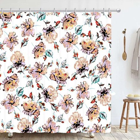 Rideau Douche Floral 180 x180cm, Blanc Rétro Rural Bohemian Imperméable Anti Moisissure Polyester Shower Curtain, Plantes Décoratif Rideau de Bain Baignoire avec 12 Crochets pour Salle de Bains (1/5)