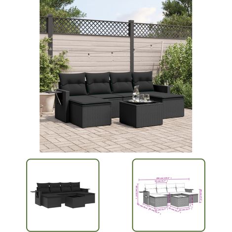 The Living Store Salon de jardin 7 pcs avec coussins noir résine tressée - Ensemble Salon De Jardin - Meuble Extérieur - Jardin Design - Mobilier De Jardin - Chaise Longue (1/3)