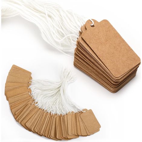 500 etiquetas de precio, etiquetas de marcado, etiquetas Kraft de 45 x 25 mm con cordón para ropa y joyería - Marrón (1/4)