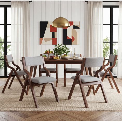 Sillas de comedor plegables, pack de 6, estructura de madera, asiento de lino gris HAVRYA (1/5)