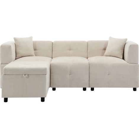 Canapé d'angle 3 places en tissu chenille avec pouf modulable et rangement, 204x126x69 cm, salon ou bureau (1/5)