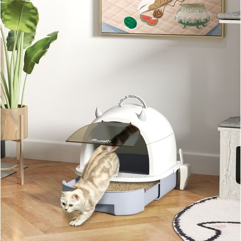 Bac à litière fermé 40,5x52x39 cm en plastique gris, gain de place pour chat FLORAGRACE (1/5)
