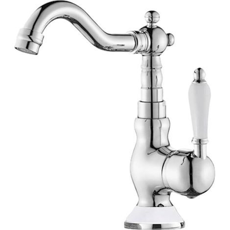 Robinet mitigeur de lavabo monotrou, rotatif, à poignée unique et col de cygne, pour eau chaude et froide, finition polie, modèle court, base et poignée en céramique. (1/4)