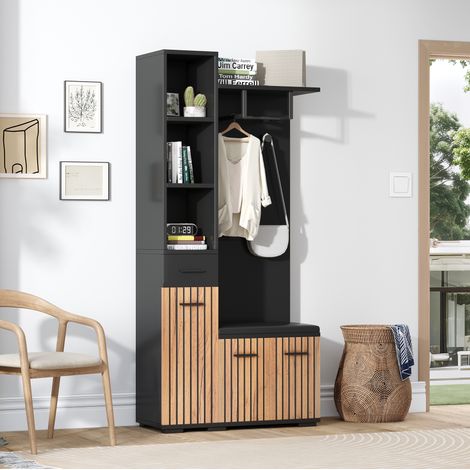 Armario recibidor 80x35x175 cm negro y madera natural en tablero de partículas con banco zapatero y almacenaje (1/5)