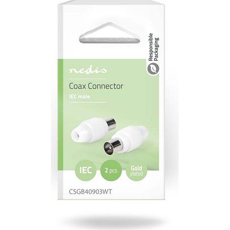 Nedis IEC (Coax) Stecker / Gerade / Stecker / Vernickelt / 75 Ohm / Schraube / Kabeleingangsdurchmesser: 7.0 mm / Metall / PVC / Weiss / 2 Stück / Box