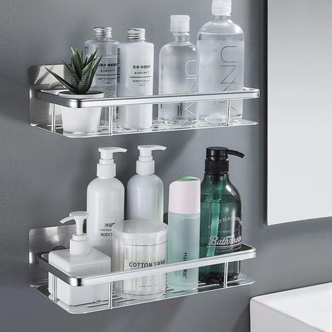 Lot de 2 Etagere Douche sans Percage, Etagere Murale Salle de Bain Aluminium, ablette de douche pour Salle de Bain, Cuisine, Chambre, Argenté (1/5)