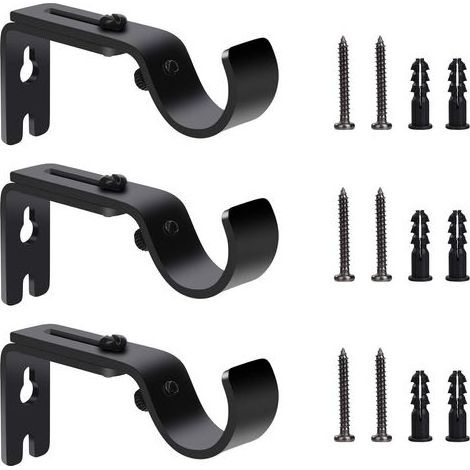 Supports de tringle à rideaux réglables noirs en 3 pièces, fixations murales en métal avec vis et boulons d'expansion, adaptés à la fixation de tringles à rideaux dans les maisons, les chambres et les (1/5)