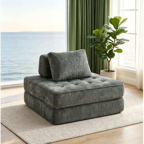 Sofá cama individual de chenilla gris con cojín, estructura sin reposabrazos DESVIAE (1/5)