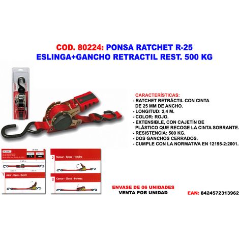 RATCHET RETRACTIL 25mm 2,4m CON GANCHO CERRADO 013,289,025,501 PONSA