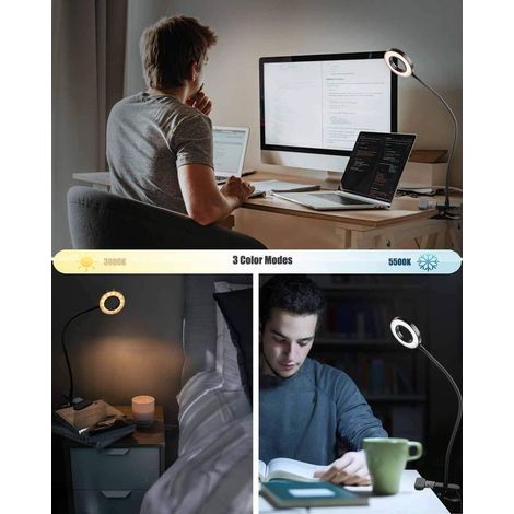 Lampe de Bureau à Pince 7W Lampe-Clip de Lecture Table Lit à LED avec l’Adapteur Luminosité Réglage Soin des Yeux pour le Bureau et le Domicile Flexible à 360° Noire (1/4)
