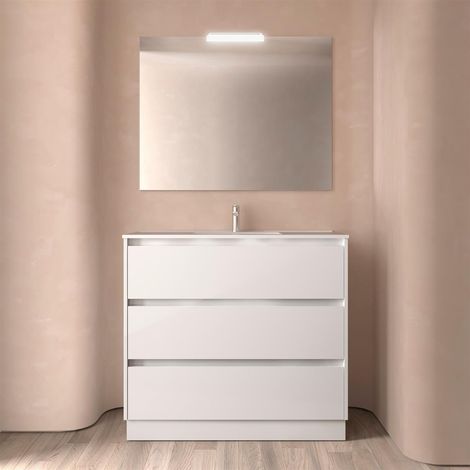 Ensemble complet Noja 1000 3 tiroirs BLANC BRILLANT + Meuble-lavabo + Miroir + Éclairage (1/4)