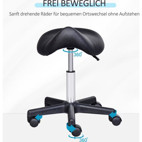 Tabouret à roulettes, siège en forme de selle, réglable en hauteur, rotation à 360°, similicuir noir, 35 x 38 x 45-55 cm (1/5)