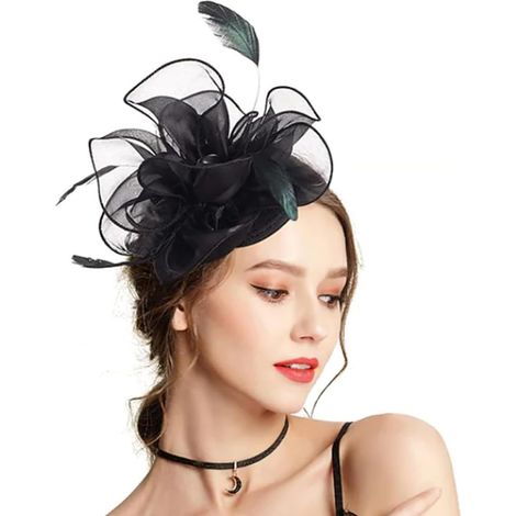Serre-tête bibi pour femme - Serre-tête bibi à plumes - Bandeau en maille - Bandeau cocktail (1/5)