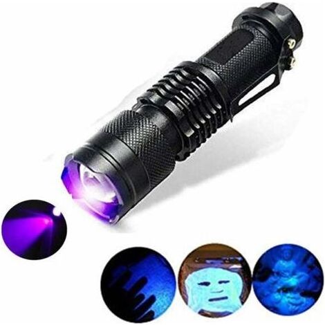 UV-Taschenlampe, 300 Lumen, Zoommodus, 395 nm ultraviolettes Licht zum Aufspüren von Hundeflecken, zur Überprüfung von Pässen, Geld und Kosmetika (1/4)