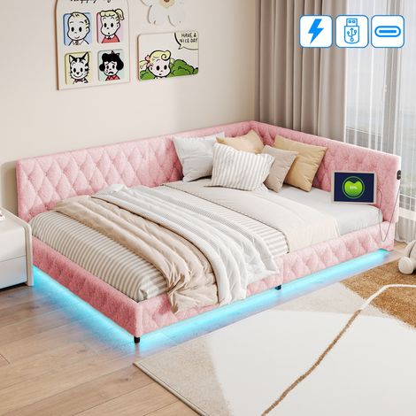 Lit simple 140x190 cm, 2 places, avec LED, rangement, décoration cloutée, sommier à lattes en bois, cadre en métal, lit capitonné en Velours - Rose