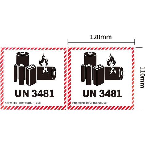 Lot de 20 étiquettes d'avertissement UN3481 pour le transport de batterie lithium-ion 110 x 120 mm (1/3)