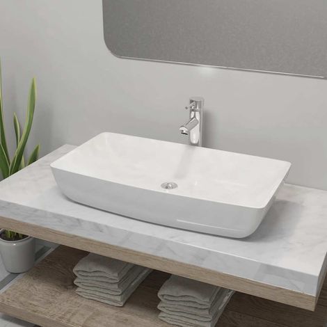 vidaXL Bathroom Basin with Mixer Tap Ceramic Rectangular White (1/5)