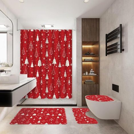 4-teiliges Weihnachtsduschvorhang-Set Winterliches Rot mit Weihnachtsbaum und Schneeflocken Rutschfeste Badematten Pflegeprodukte Festliche für (1/4)