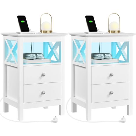 Yaheetech – Lot de 2 tables de chevet avec station de charge – 2 tiroirs – Éclairage LED RGB – MDF blanc – Dimensions 40x30x60 cm